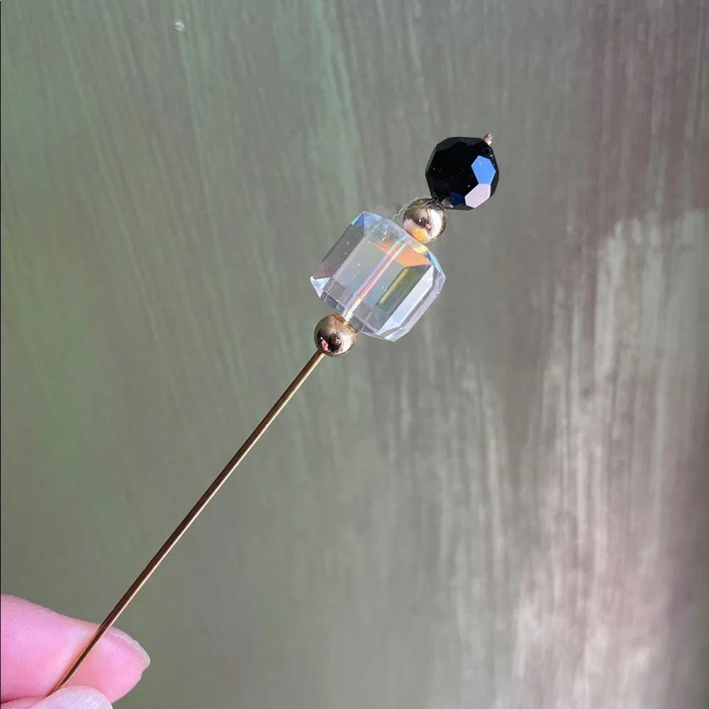 Vintage Iridescent Faceted Crystal Stick Pin Hat Pin Gold Tone 4” Black Bead